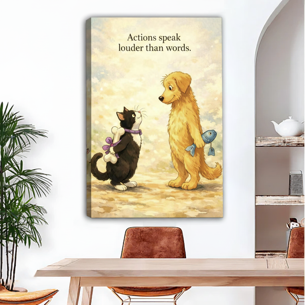 Cat and dog quote illustration gallery wrap canvas art on white wall, frameless pet lover home decor