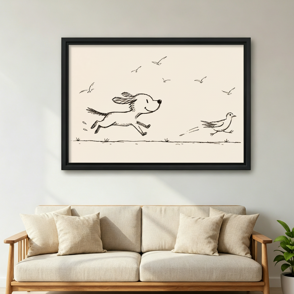 Dog chasing bird line art framed canvas print, whimsical minimalist wall decor