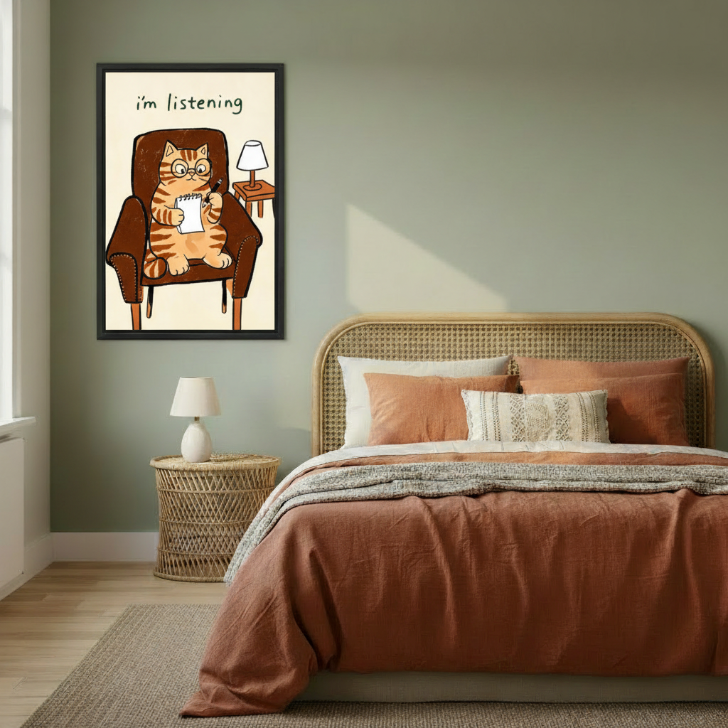 Funny therapist cat canvas print hanging in cozy bedroom, humorous orange tabby cat wall art above bed decor