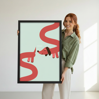 Woman holding Oh Hello dachshund framed wall art print – minimalist dog illustration, playful home decor