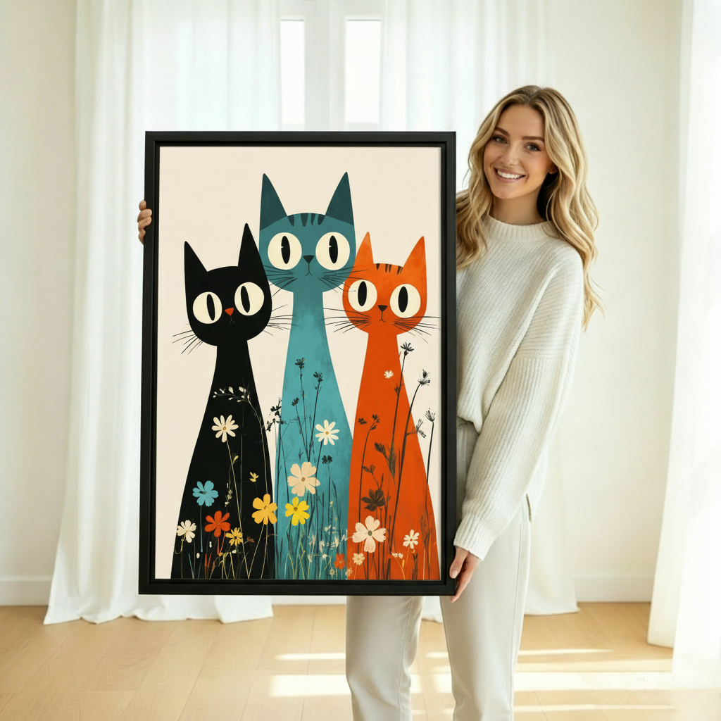 Mid-century modern three cats canvas print in black frame – bold colorful wall art for home decor