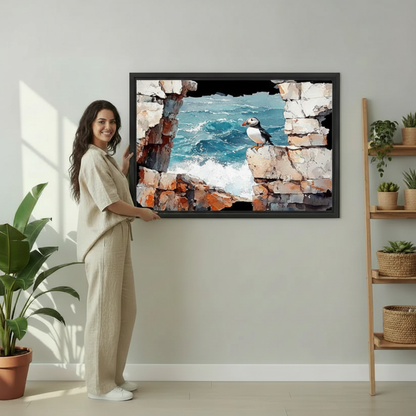 Puffin Coastal Stone Wall Oil Painting Art Print l2009