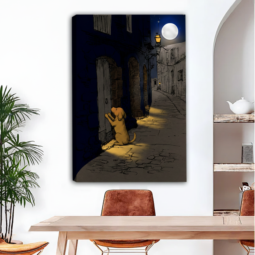 Golden puppy knocking door moonlit alley unframed canvas art leaning against dining room wall, atmospheric night scene illustration, moody home decor