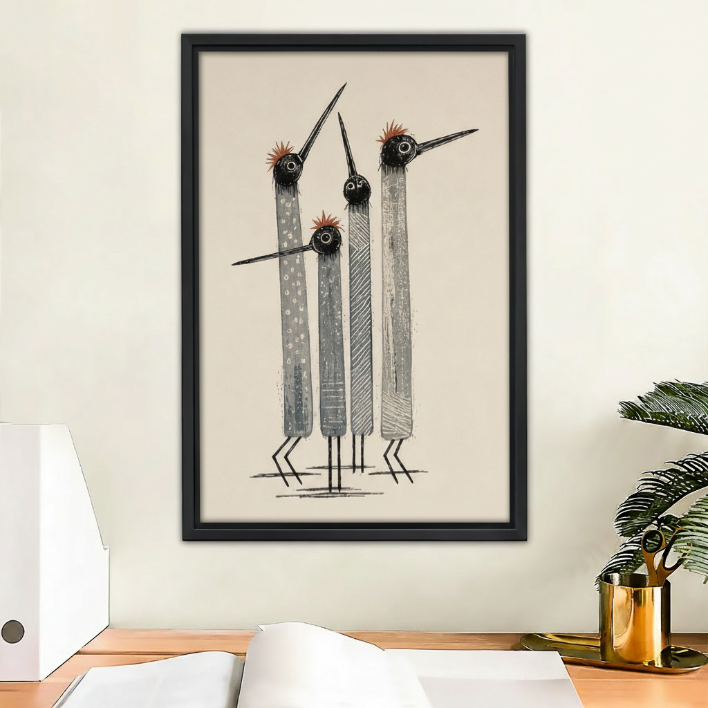 Minimalist sketch bird wall art print, three abstract gray birds in black frame, home office decor