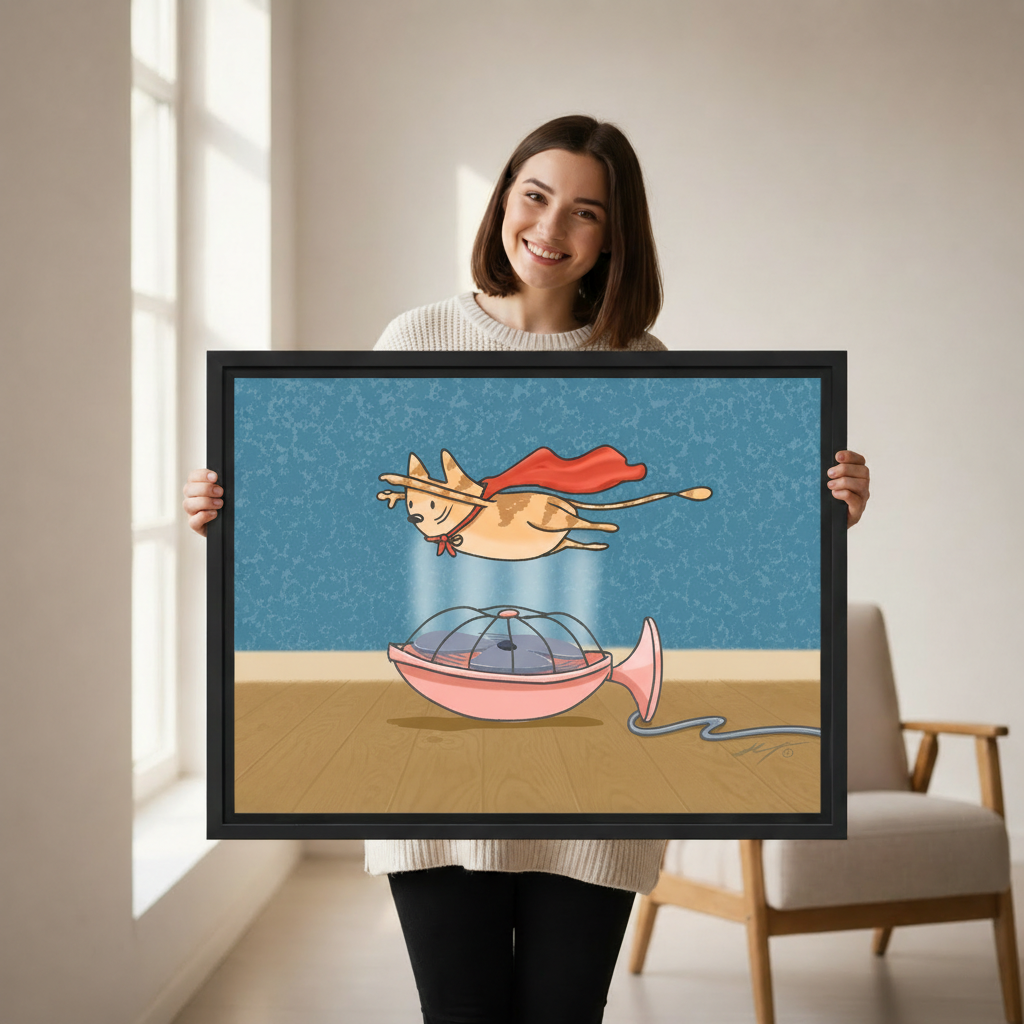 Whimsical cat superhero canvas print in black frame — funny super cat flying in fan wind bedroom wall decor