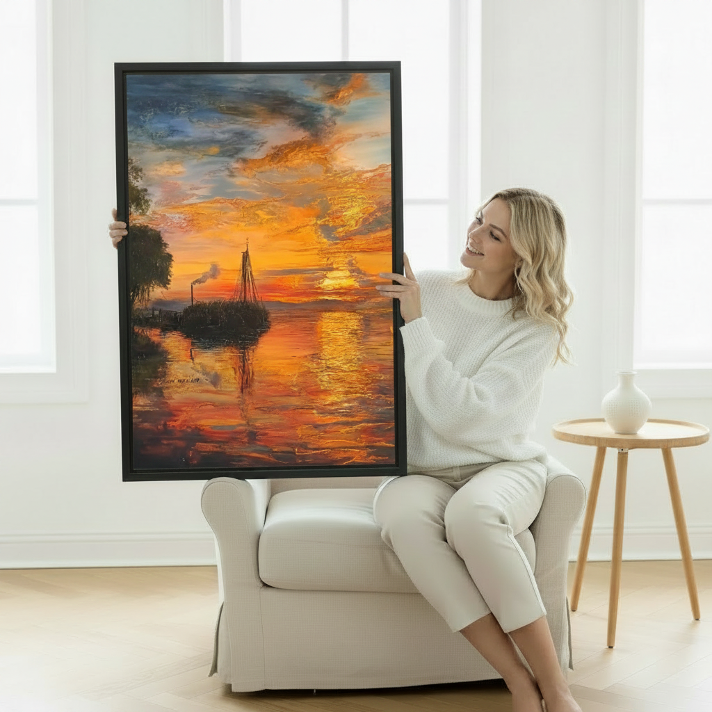 Golden sunset sailboat impasto canvas wall art print in premium wood frame – warm golden-hour seascape for modern living room
