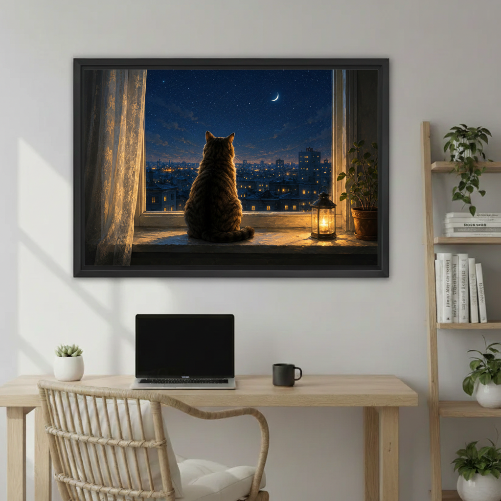 Moonlit cat night city canvas print in modern room, atmospheric oil painting cat lover wall art