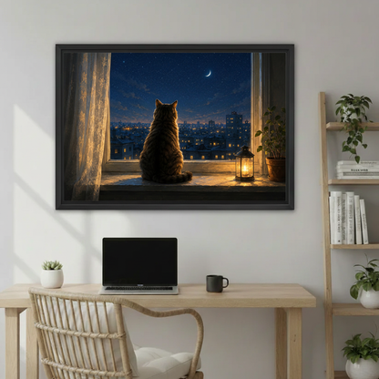 Moonlit cat night city canvas print in modern room, atmospheric oil painting cat lover wall art