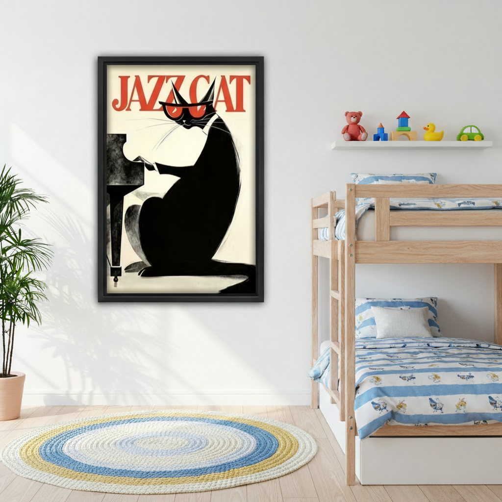 Jazz Cat vintage poster canvas wall art, living room sofa wall, retro music cat home decor