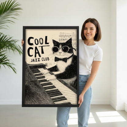 Funny jazz cat with sunglasses gallery wrap canvas art, frameless vintage music poster illustration for home decor