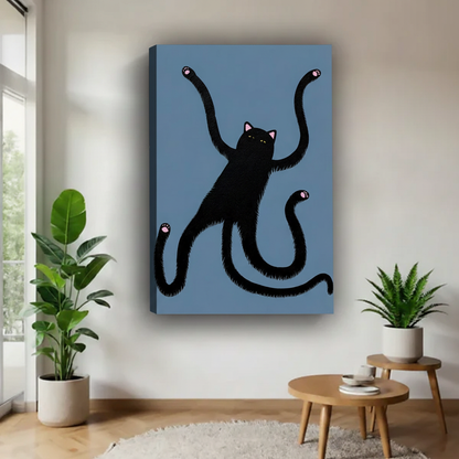 Funny long arm black cat canvas art print on blue background, whimsical stretching cat wall decor for living room or office