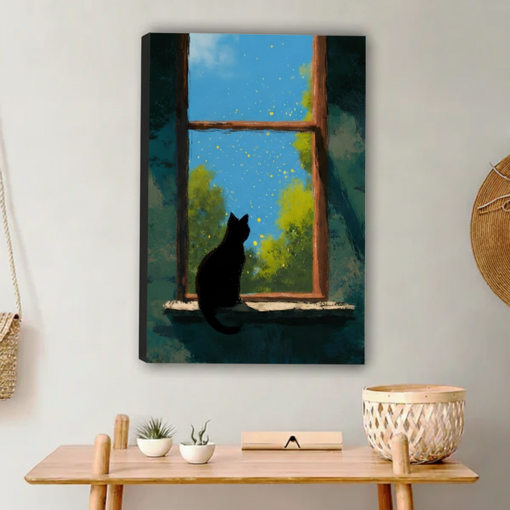Black Cat Window Starry Night Whimsical Wall Art Print l1987