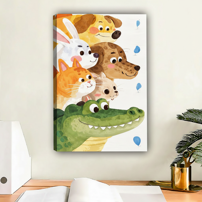 Whimsical animal canvas art print featuring cartoon crocodile and friends, playroom wall decor