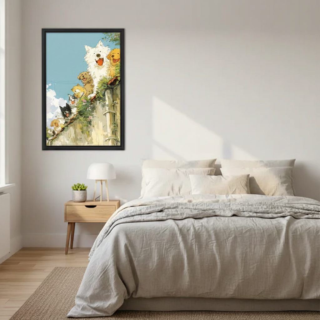 Cute Dogs Over Fence Anime Wall Art Print l2007