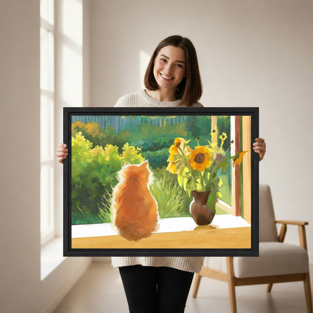 Orange cat sunflower watercolor canvas art close-up — warm nature pet wall decor ideal for cat lover gift