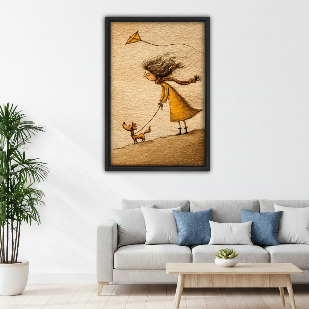 Vintage whimsical girl walking dog illustration canvas print, black frame, children bedroom wall decor, sepia warm palette