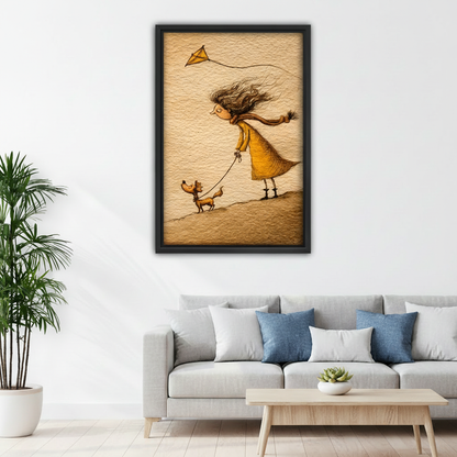 Vintage whimsical girl walking dog illustration canvas print, black frame, children bedroom wall decor, sepia warm palette