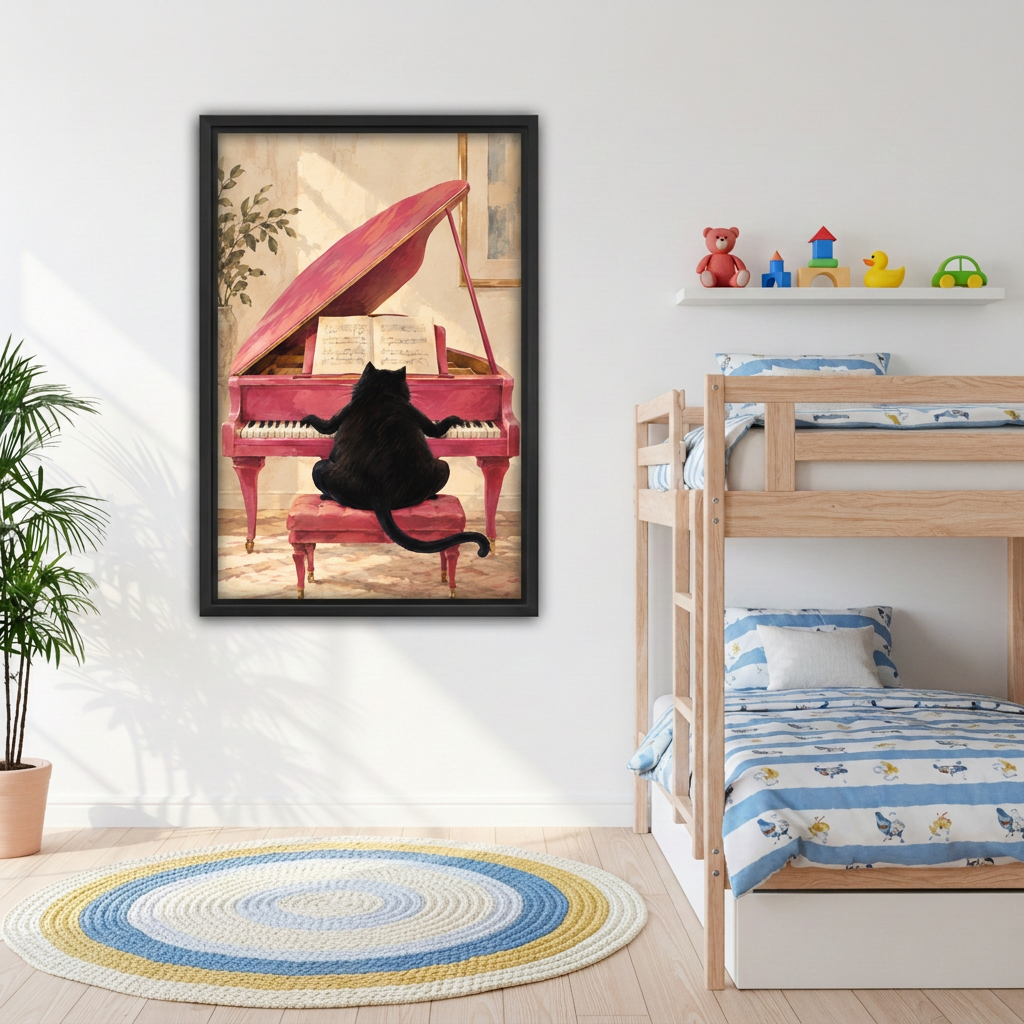 Whimsical Black Cat Playing Piano Canvas Wall Art | Framed & Unframed l4931