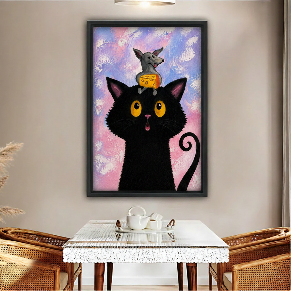 Funny black cat mouse cheese whimsical wall art in black frame, dining room wall decor