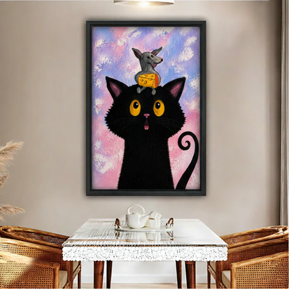 Funny black cat mouse cheese whimsical wall art in black frame, dining room wall decor