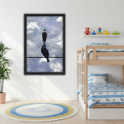 Surreal man on crow dark moody wall art in black frame above grey sofa in Scandinavian living room