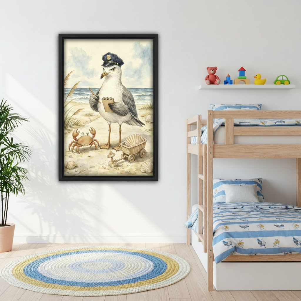 Seagull police and crab beach watercolor canvas print in cozy bedroom, funny coastal illustration wall art for kids and adults