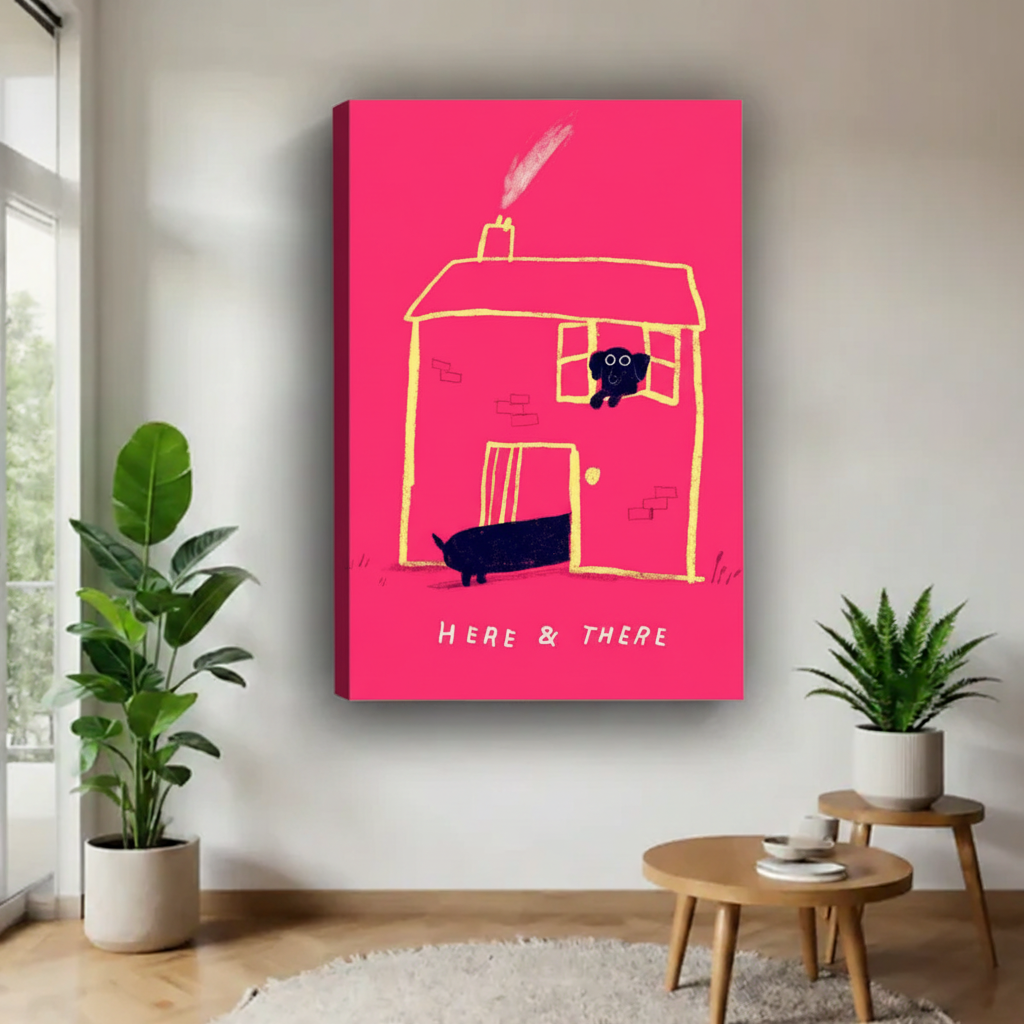 Cute dachshund dog canvas print with Here & There quote — colorful illustrated wall art for dog lovers and home decor