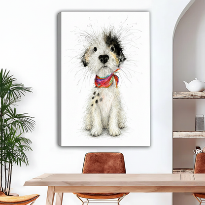 Scruffy dog rainbow bandana unframed canvas art leaning against dining room wall, charming wild-haired puppy ink illustration, quirky home decor