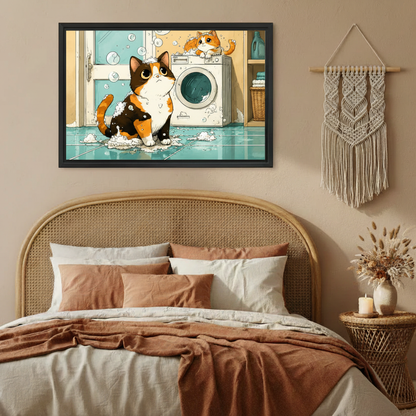 Cute cat wall art print, mischievous cats in sudsy laundry room, funny home decor illustration