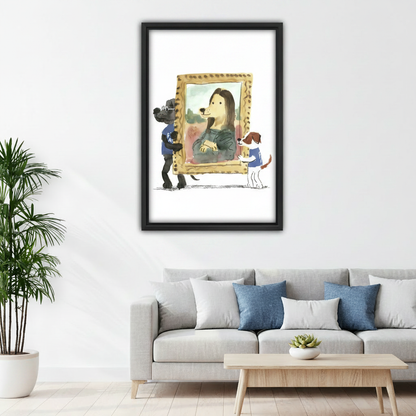 Quirky dog Mona Lisa framed canvas above living room sofa, funny watercolor parody wall art, bold conversation piece for modern home decor