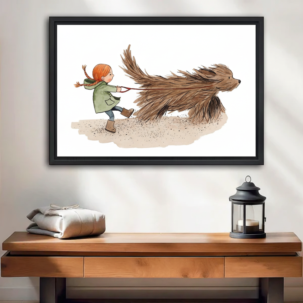 Girl & Giant Dog Whimsical Watercolor Canvas Wall Art — black framed print displayed on a living room wall