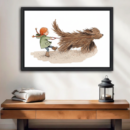 Girl & Giant Dog Whimsical Watercolor Canvas Wall Art — black framed print displayed on a living room wall