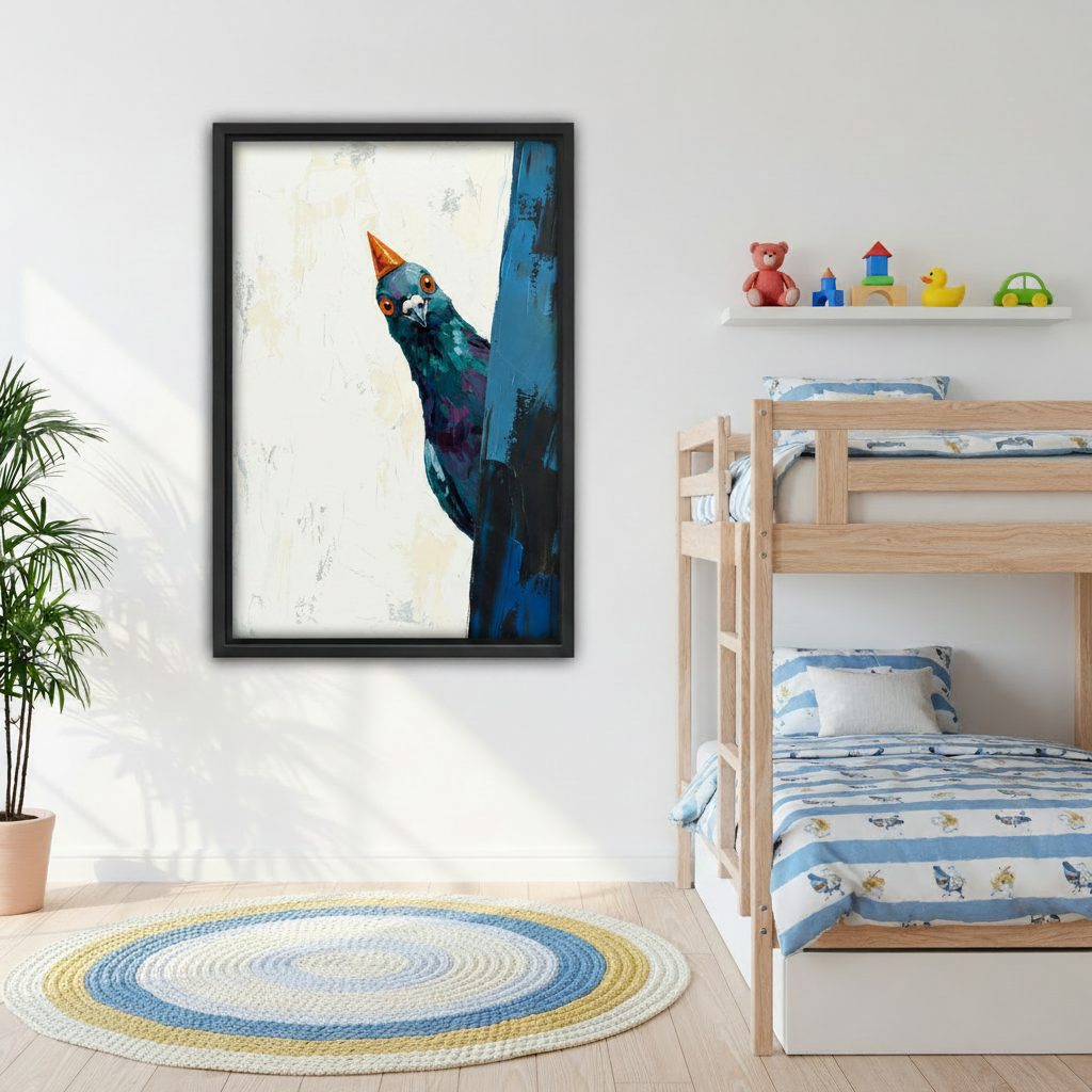 Party hat pigeon peeking canvas wall art – black frame impasto oil painting above desk in home office