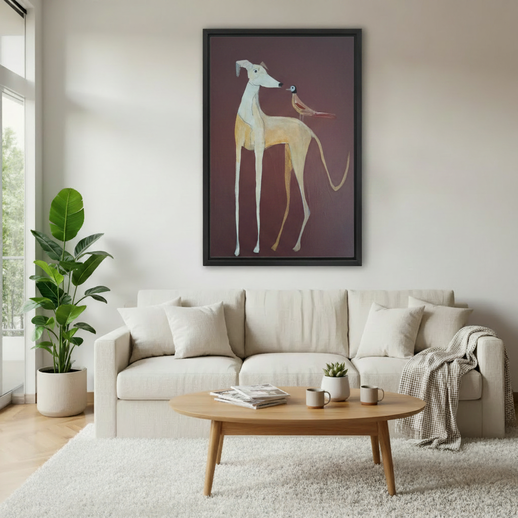 Greyhound bird elegant framed canvas print in cozy bedroom with sage green walls — sophisticated minimalist dog wall art