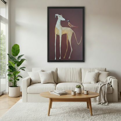 Greyhound bird elegant framed canvas print in cozy bedroom with sage green walls — sophisticated minimalist dog wall art