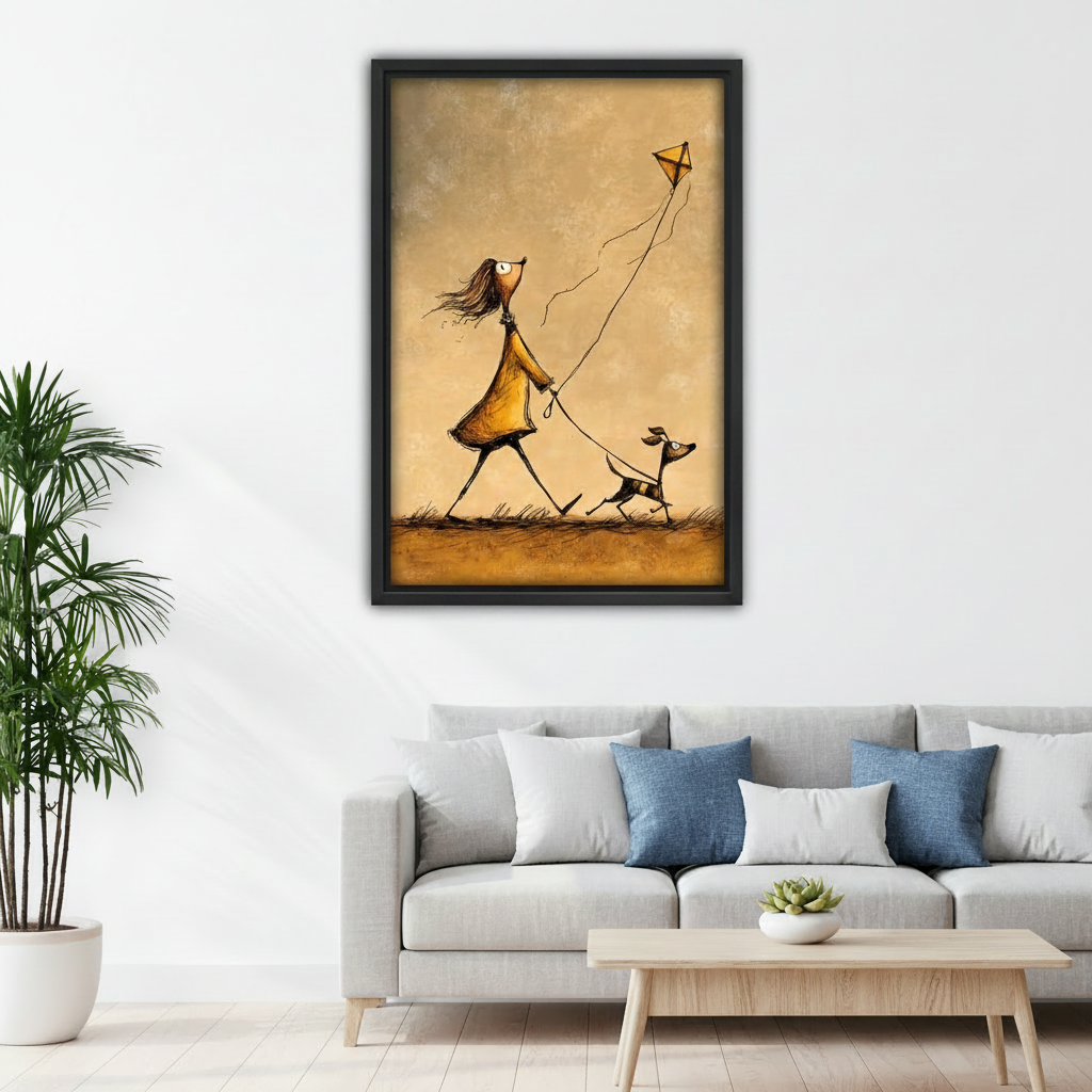 Whimsical girl and dog kite canvas print hanging in bright living room above sofa, warm tones vintage wall art for modern home decor