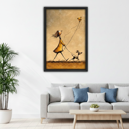 Whimsical girl and dog kite canvas print hanging in bright living room above sofa, warm tones vintage wall art for modern home decor