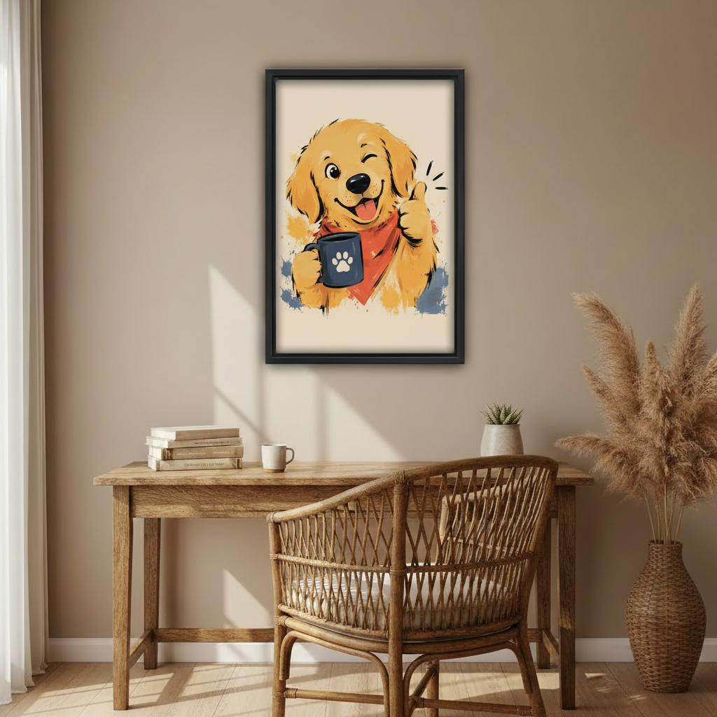 Cute Golden Retriever Puppy Watercolor Wall Art Framed l2037