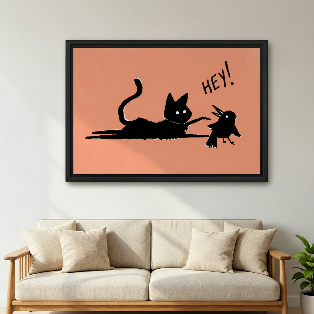 Hey! black cat and bird canvas wall art — frameless gallery wrap displayed above an entryway console