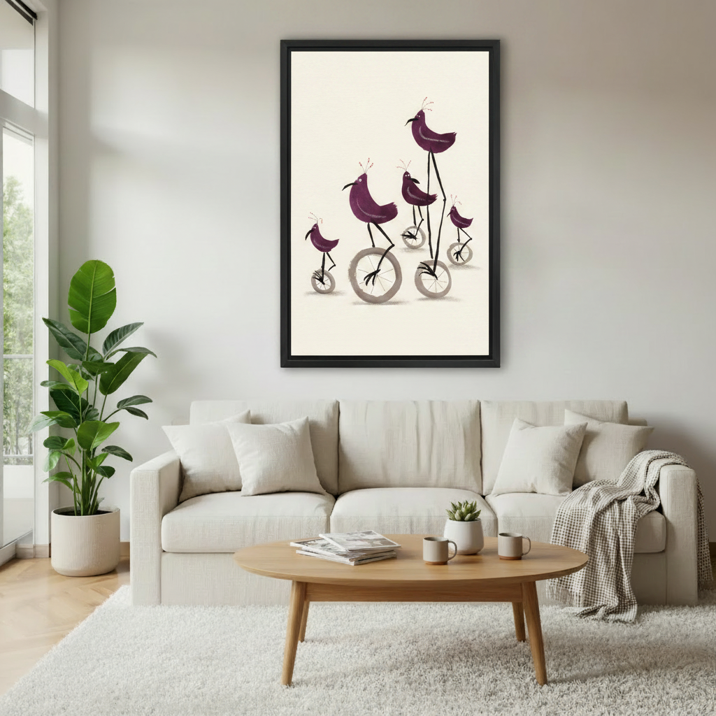 Whimsical purple birds on unicycles canvas wall art hanging in Scandinavian living room above beige sofa, minimalist home decor print