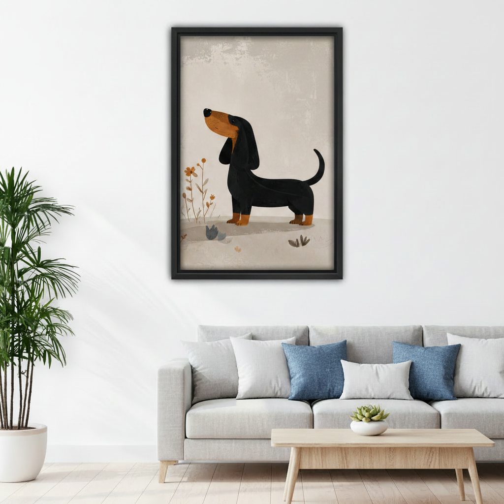 Minimalist dachshund canvas print hanging in bright living room above sofa, modern pet wall art home decor