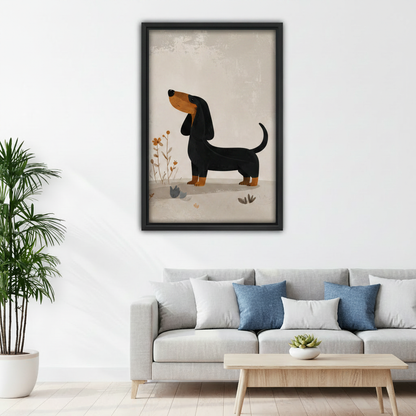 Minimalist dachshund canvas print hanging in bright living room above sofa, modern pet wall art home decor