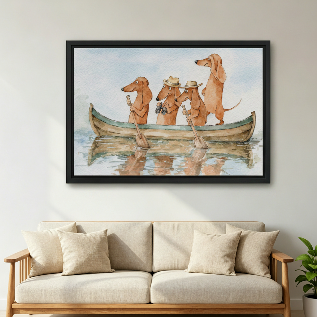 Dachshund rowing boat adventure framed canvas art — watercolor dog print perfect for dog lover gift and home decor