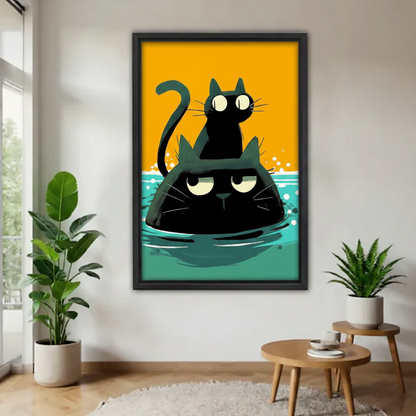 Two black cats stacked in teal water funny canvas wall art — bold orange and teal illustrated cat print for living room decor