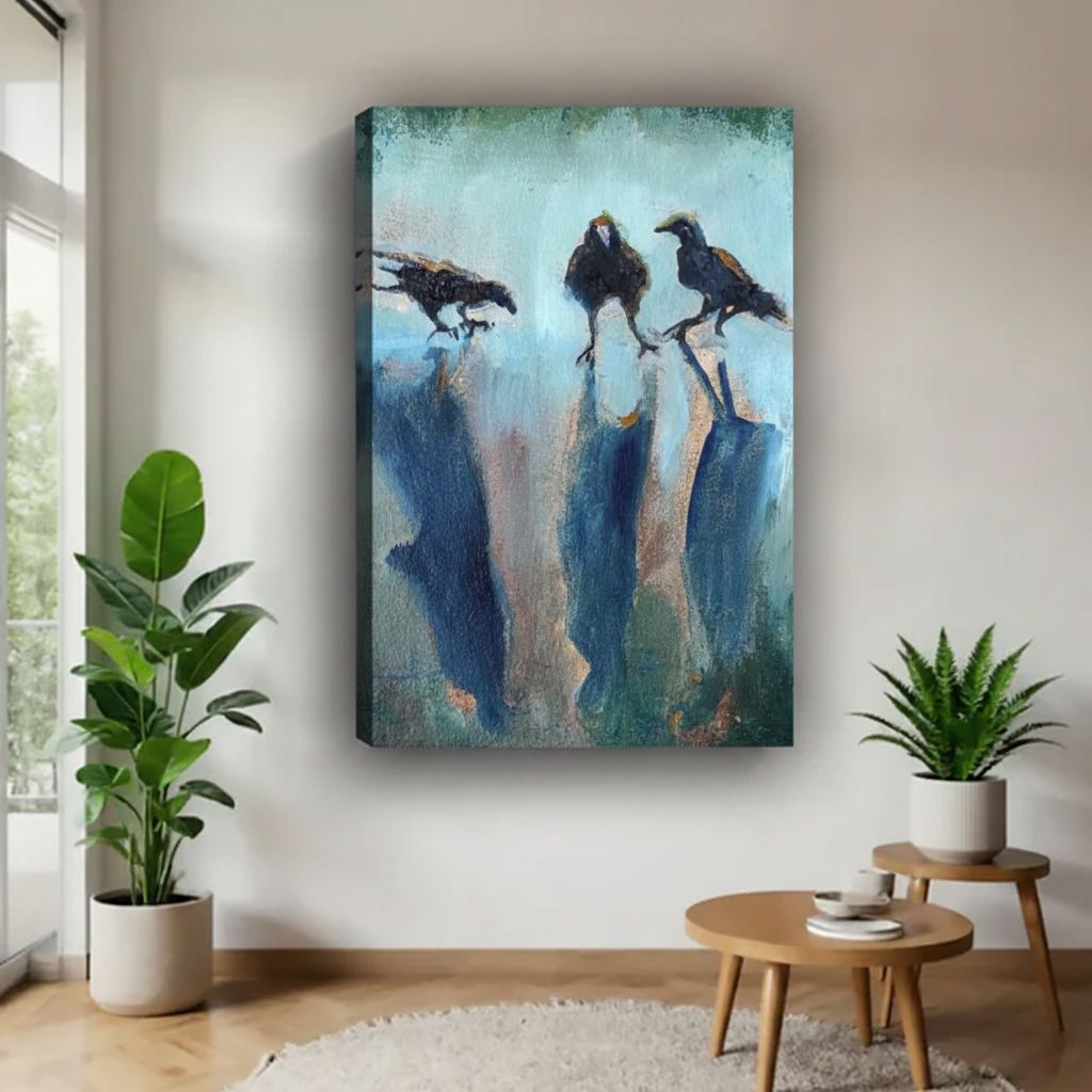 Dark raven bird gallery wrap canvas art print — frameless teal oil painting wall decor for eclectic interiors
