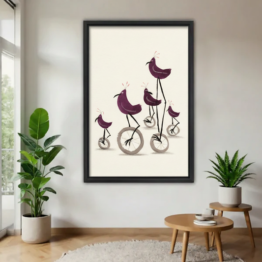 Whimsical purple birds on unicycles framed canvas wall art in black frame, quirky minimalist illustration for living room decor