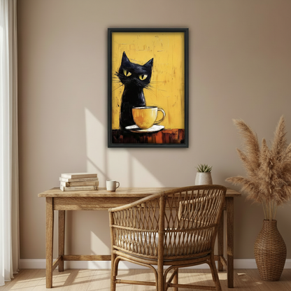 Expressionist black cat wall art above gray sofa in modern living room, golden yellow background canvas print