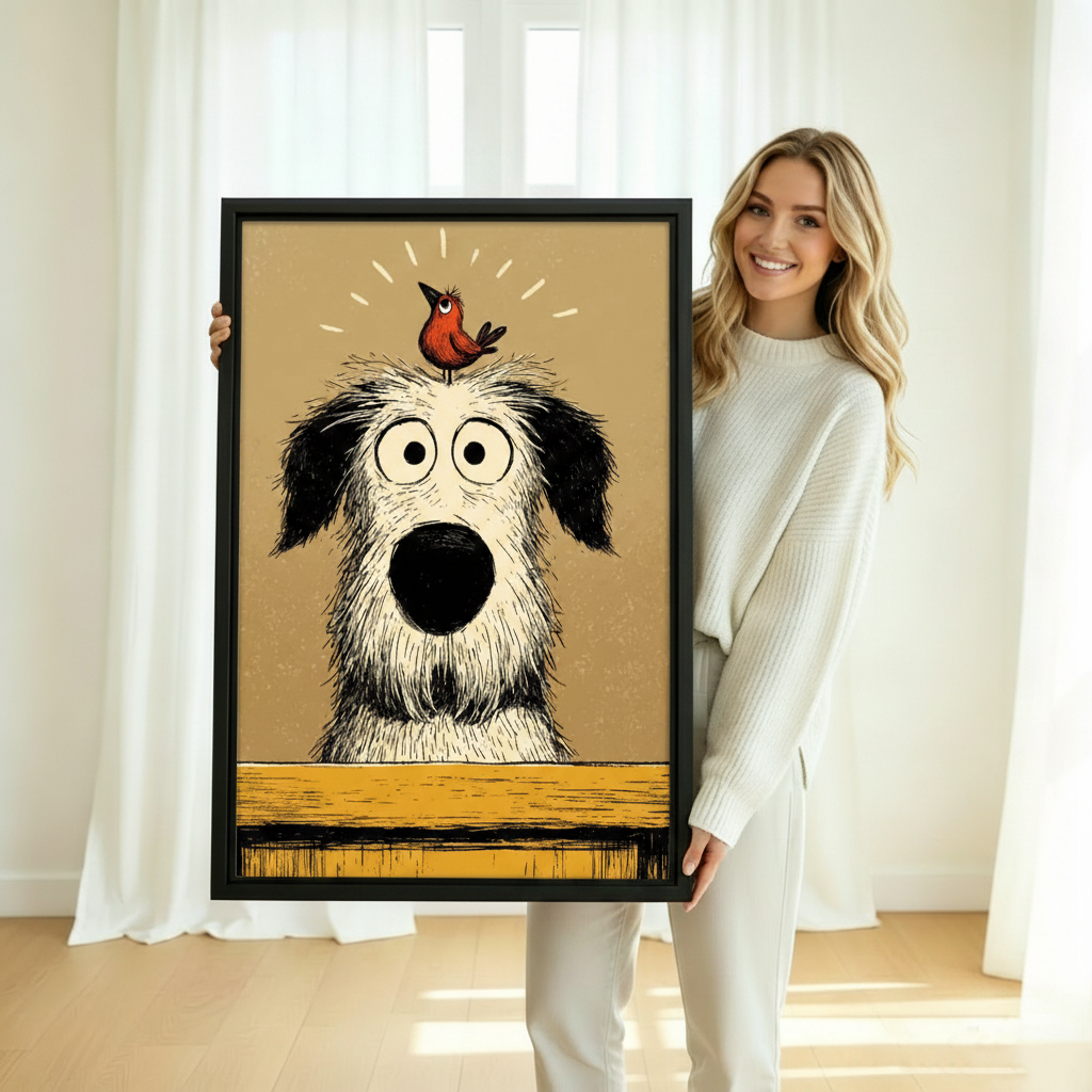 Person holding funny dog canvas print — whimsical framed wall art for home