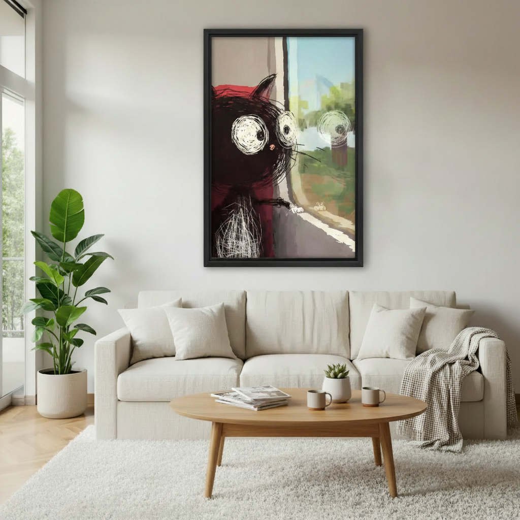 Curious wide-eyed black cat looking out window framed canvas art in living room — illustrated pet wall decor for cat lovers
