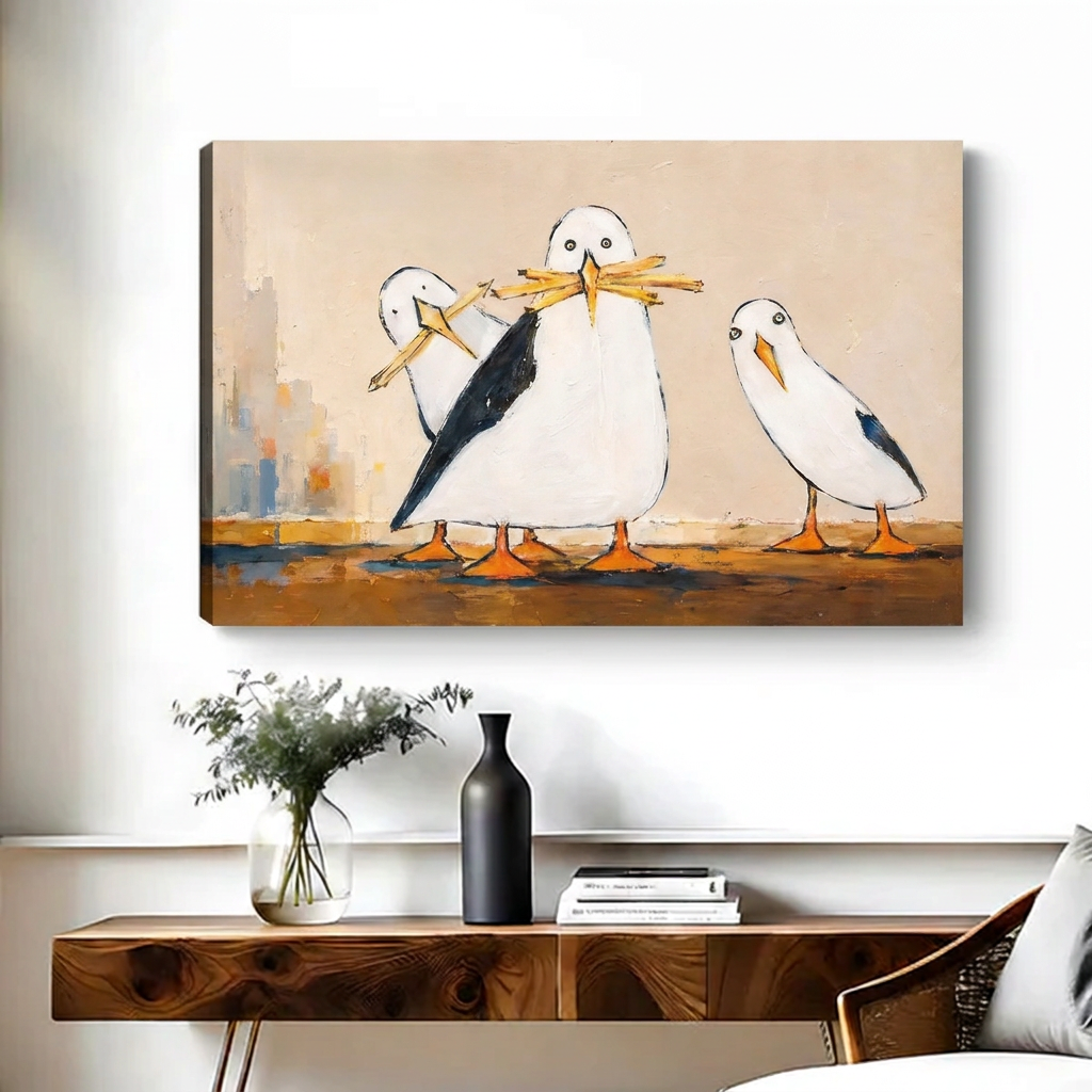 Whimsical Seagull Canvas Wall Art | Framed & Unframed l5099